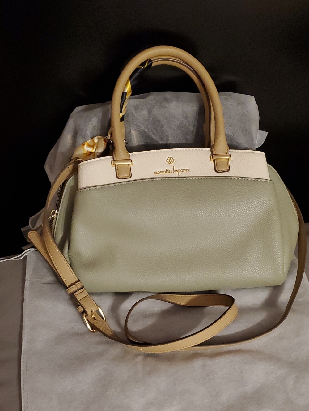 Nanette Lepore Sage Green and Tan Two-Tone Leather Satchel